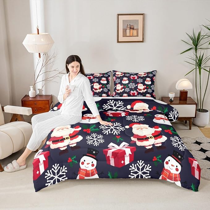 jejeloiu Merry Christmas Comforter Set Toddler Size Xmas Santa Claus Bedding Set for Kids Boys Girls Cute Snowman Duvet Quilt Dark Blue Bedroom Decor