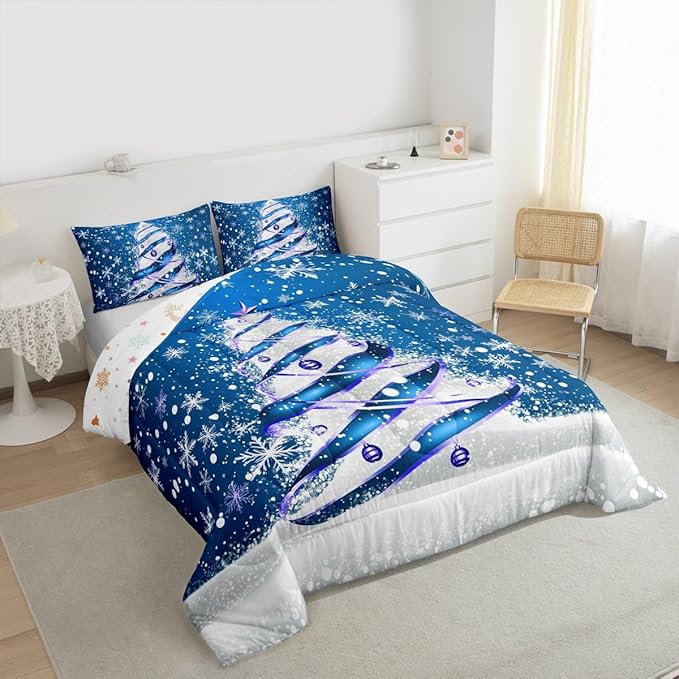 Feelyou Merry Christmas Kids Comforter Set Full Size Christmas Tree Bedding Set Snowflake Duvet Quilt for Kids Boys Girls Bedroom Winter Decor Microfiber Ultra Soft Breathable