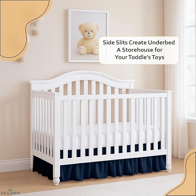 Rajlinen Ruffled Crib Bed Skirt, Microfiber, Dust Ruffle with Split Corners, 14" Drop, Nursery Toddler Bedding for Baby Boys or Girls, Navy Blue