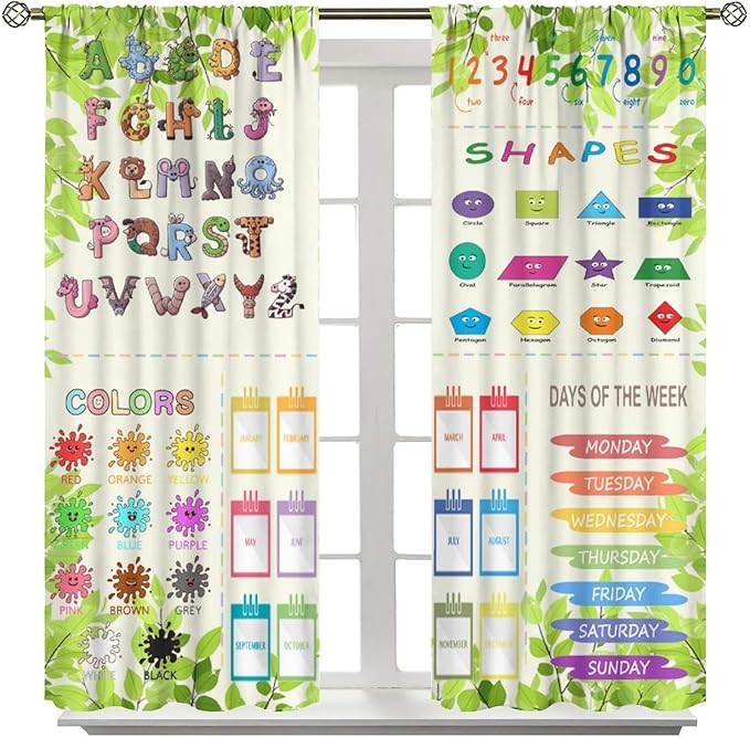 Kids Alphabet Curtain Cartoon Animal Nursery Rustic Leaves Plant Funny School Education Learning Tools Printed Rod Pocket Blackout Window Drapes for Bedroom Living Room 42" W X 63" L