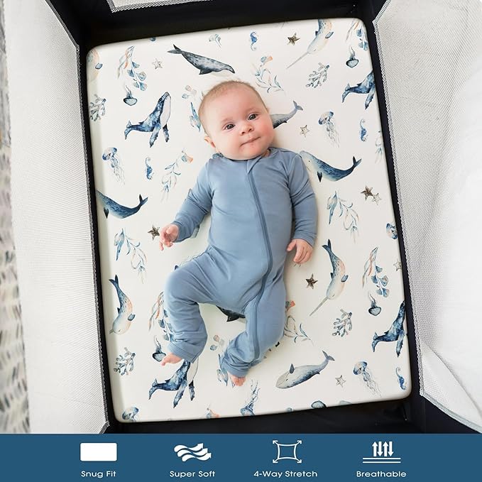 Stretchy Ultra Soft Jersey Knit Fitted Pack n Play Sheets Set 2 Pack, Portable/Mini Crib Sheets for Girls, Universal Fit for Pack N Plays Safe and Snug, Cute Sea Fish Print