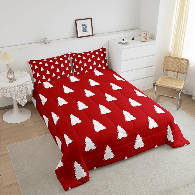 Feelyou Red Christmas Trees Bedding Set for Kids Boys Girls King Size Xmas Comforter Set Ultra Soft Winter Comforter Holiday Decor Duvet Quilt Bedroom Decor Christmas Ornaments Quilt