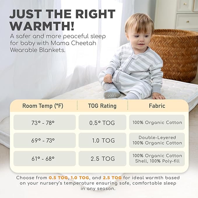 Mama Cheetah Toddler Sleep Sack with Feet, Long Sleeve 0.5 TOG Organic Cotton Baby Sleeping Bag with Legs, Wearable Blanket for Walkers w/ 2-Way Zipper, Toddler Blanket for Girls & Boys 2T