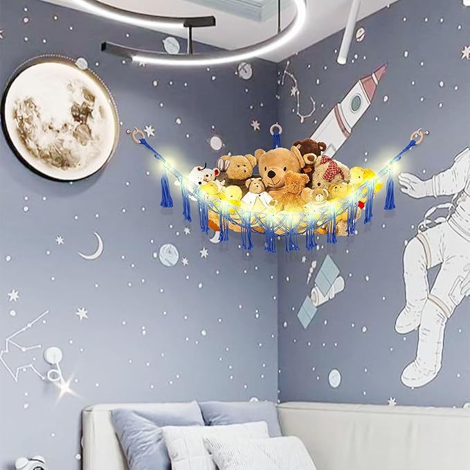 Stuffed Animal Hammock with LED Light, Toy Hammock for Stuffed Animals Storage for Kids Room Decor, Stuffed Animal Hammock Corner, Royal Blue