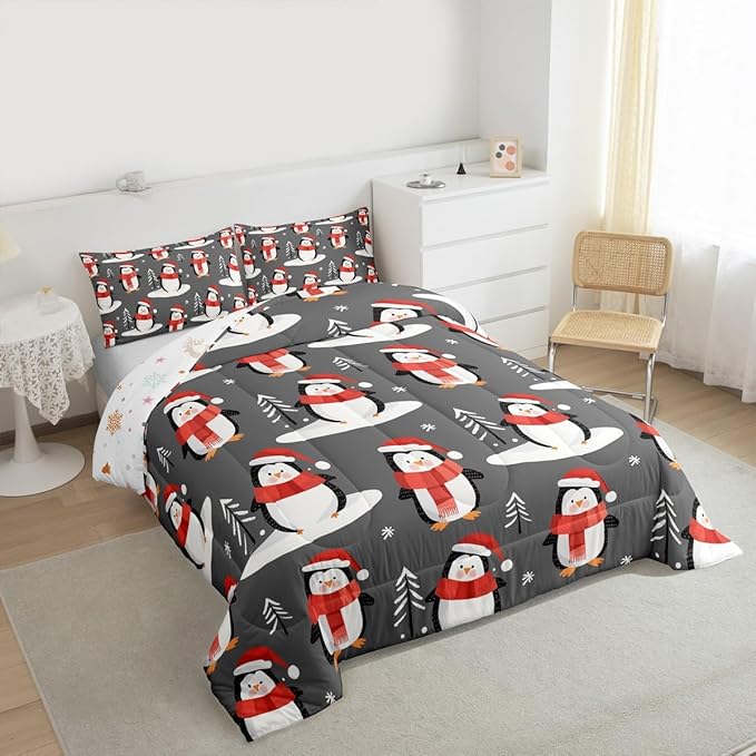 Feelyou Christmas Comforter Set All Season Penguin Bedding Set with 2 Pillow Cases Snowflake Microfiber Kids King Bedclothes Pine Tree Bedroom Decor Duvet Quilt Breathable Soft Lightweight