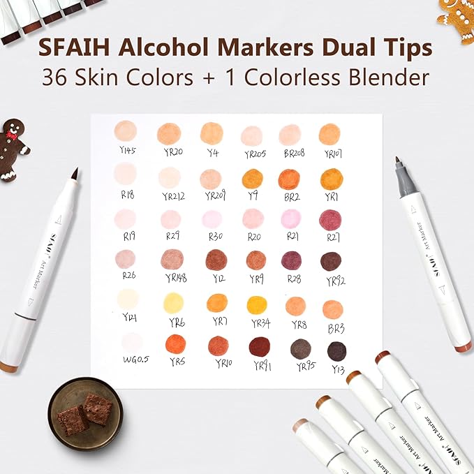 SFAIH Skin Tone Alcohol Markers Brush & Fine - 37 Portrait Color Permanent Markers for Adults/Teen/Artists/Creators, Blendable Art Markers for Coloring Sketch & Drawing & Illustration-Refillable Ink