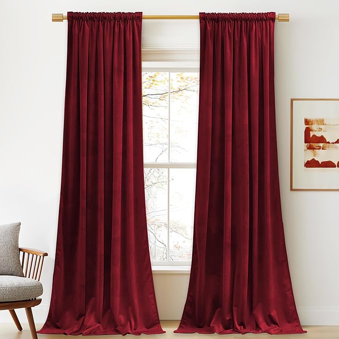 StangH Red Velvet Curtains for Living Room 120 inches Long, Christmas Decor Back Tab Thermal Insulated Room Darkening Privacy Protect Drapes for Bedroom Home Theater, W52 x L120, 2 Panels
