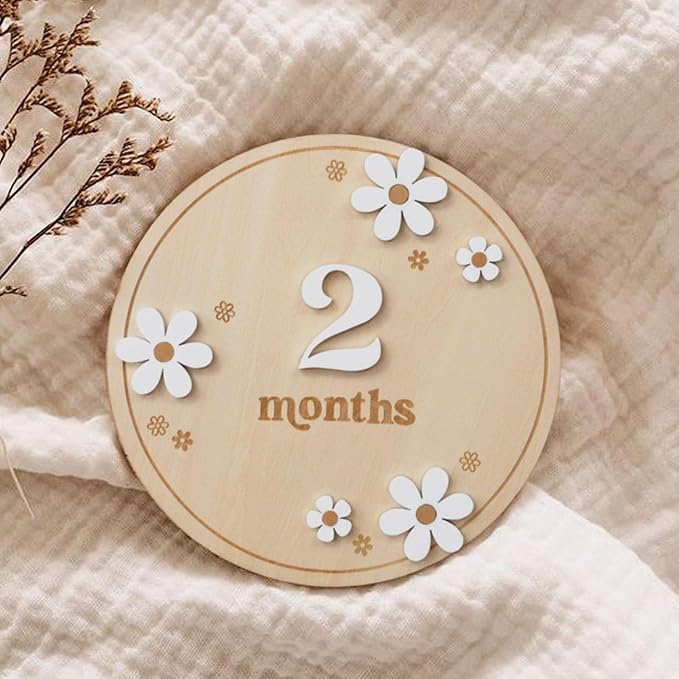 Wooden Baby Month Board - Round milestones Sign Set, Natural Grain Texture, laserr Engraved Letters, Eco Friendly Material | Adorable Monthly Wooden plaques for Baby Memory Nursery Decor