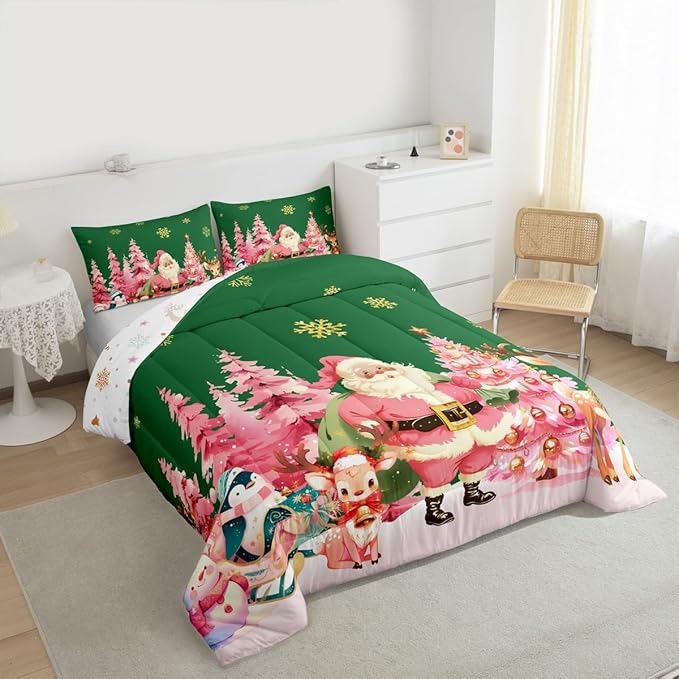 jejeloiu Merry Christmas Comforter Set Toddler Size Santa Claus Bedding Set for Kids Boys Girls Cute Deer Duvet Quilt Green Bedroom Decor
