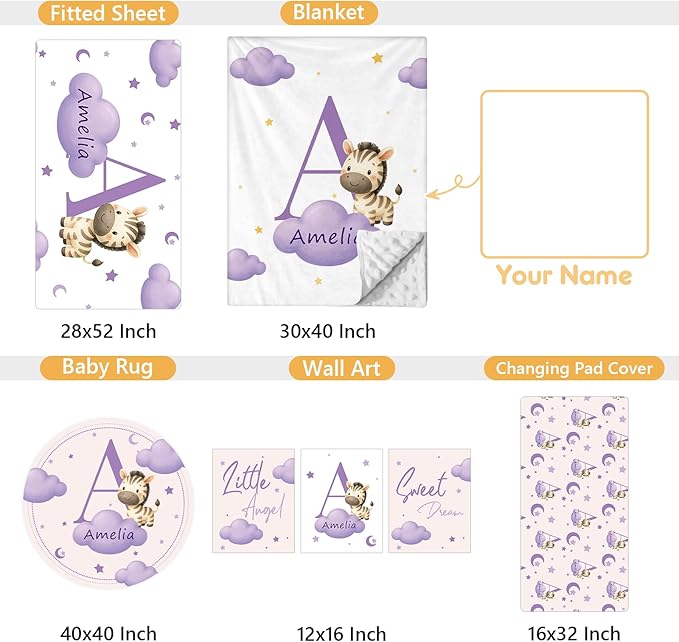 Personalized Baby Crib Bedding Set, 5 Pcs Custom Name Nursery Bedding Set, Purple Zebra Baby Bedding Set for Boys Girls, Double Layer Crib Sets, Customized Gifts for Infant Toddler New Parents