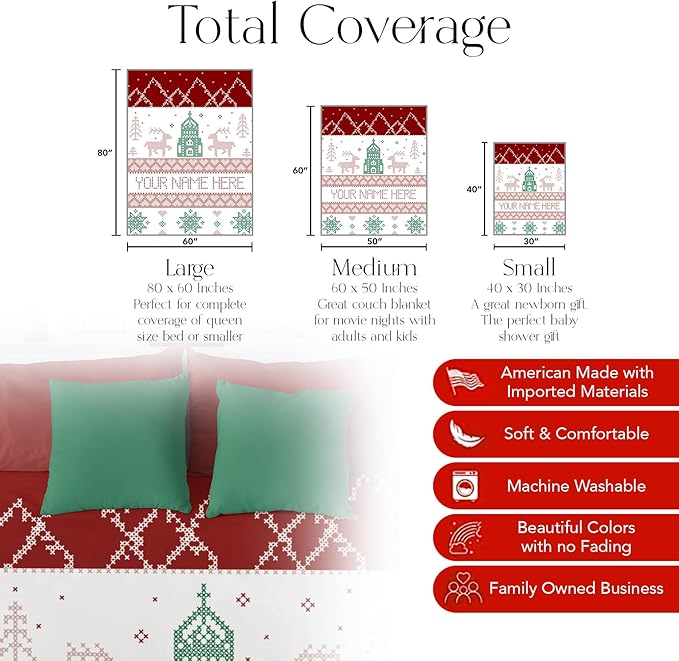 Custom Christmas Stitch Style Blanket - Ships Next Day from USA - Fleece or Sherpa, Soft Sofa Throw, Customizable Family Throws, Holiday Home Decor, Cozy Christmas Bedding (Sherpa 50x60)