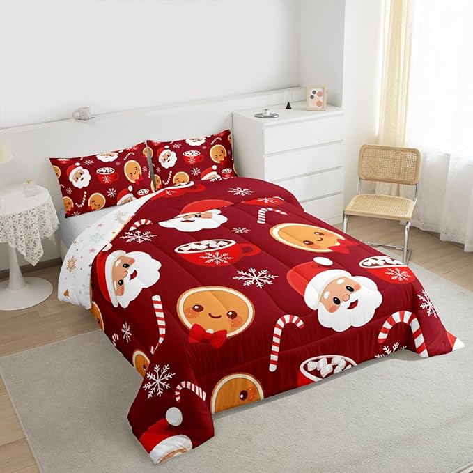 Feelyou Merry Christmas Comforter Set Queen Size Santa Claus Bedding Set for Kids Boys Girls Gingerbread Man Duvet Quilt Snowflake Bedroom Decor Microfiber 3 Pcs with 2 Pillow Cases