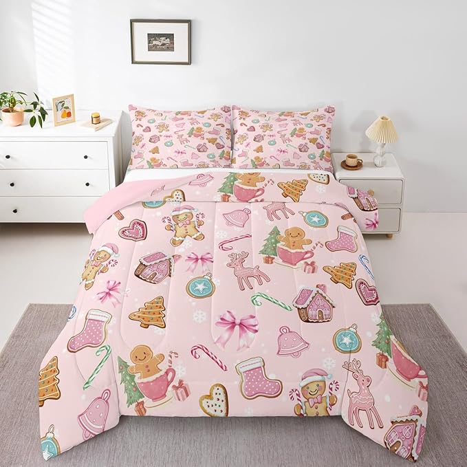 Merry Christmas Kids Bedding Set Queen Size,Gingerbread Man Elk Deer Bowknot Comforter Set,Cute Girly Bow Tie Xmas Tree Quilt Comforter,Pink Colorful Bedroom Duvet Insert,2 Pillowcases