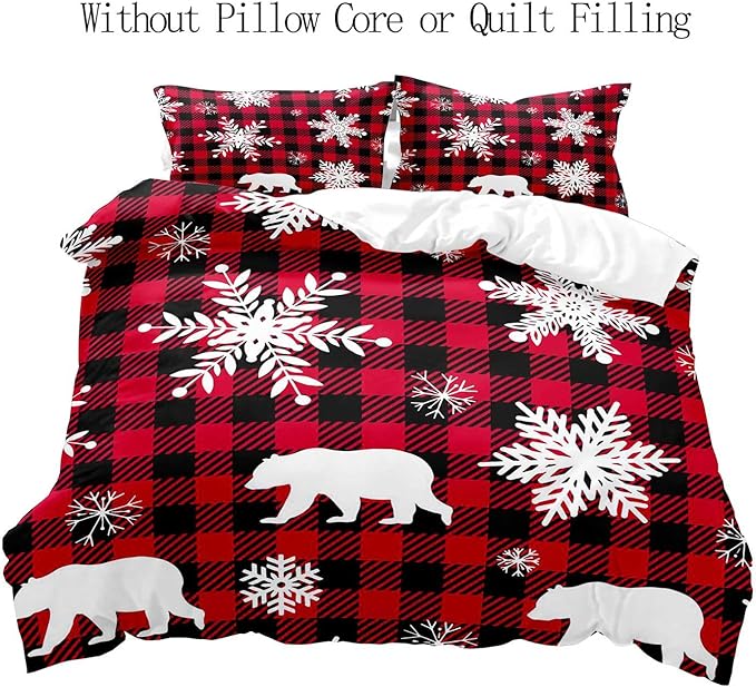 LUVIVIHOME 2PCS Christmas Duvet Cover Twin Bedding Sets, White Snowflake Bear Woodland Animals Cabin Lodge Holiday New Year Xmas Checkered Black Red Buffalo Plaid Comforter Quilt Cover, 1 Pillow Case