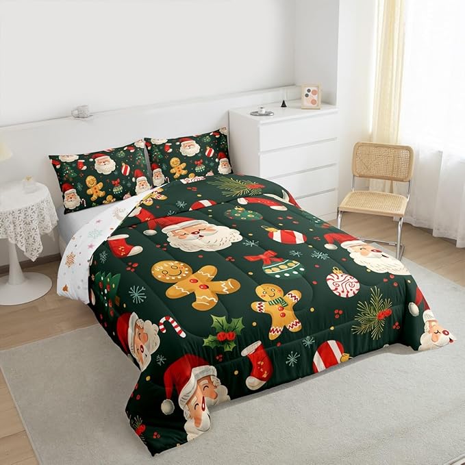 Feelyou Christmas Bedding Set Soft for Boys Girls, Santa Xmas Tree Comforter Set Twin Size Gingerbread Man Duvet Quilt Microfiber Snowflake Stockings Bedroom Decor 2 Pcs with 1 Pillow Cases