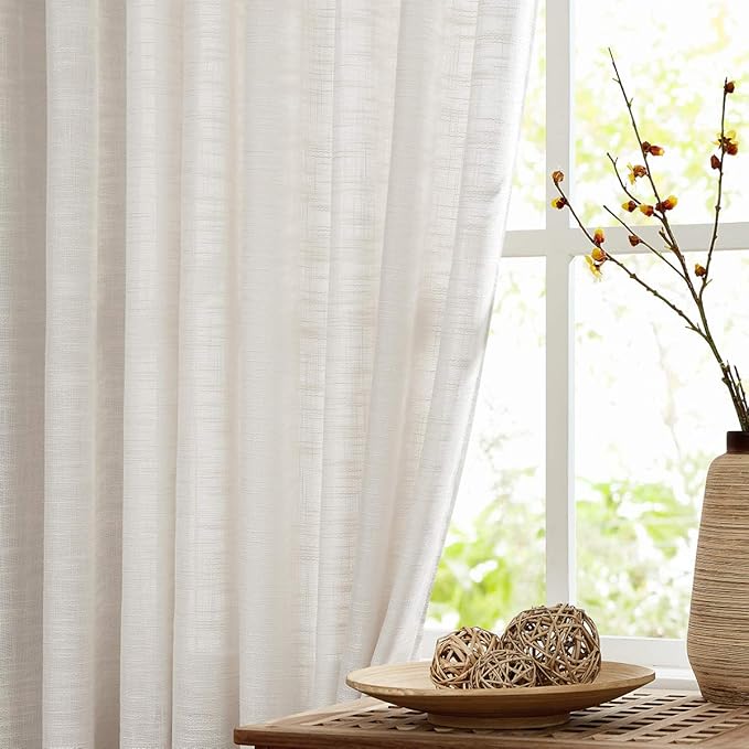 FMFUNCTEX Linen Semi Sheer Natural Curtains for Bedroom Living Room, Beige Curtain Panels 72 Inches Length Sheer Linen Textured Window Drapes Farmhouse Light Filtering 2 Panels Rod Pocket