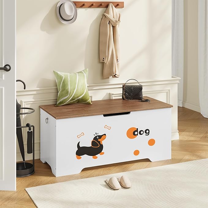 HOOBRO Toy Box, Toy Chest with 2 Safety Hinges, 39.4" Storage Bench, Wooden Storage Chest, for Entryway, Bedroom, Living Room, White and Walnut WH494CW01