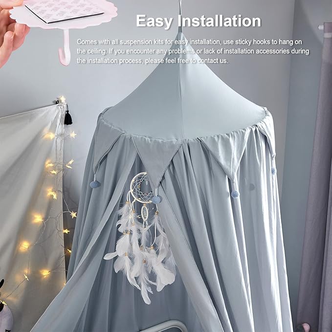 Bed Canopy for Girls, Round Dome Hanging Canopy for Baby Brib Kids Bed Room Decor Reading Nook Indoor Outdoor Playing Castle (Grey Blue)