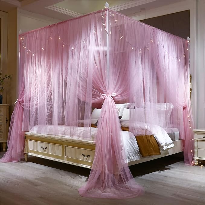 VETHIN 4 Corners Post Princess Bed Canopy Curtain Double Layer Cozy Drape Netting 4 Opening Mosquito Net for Girls & Adults Bedroom Decoration Accessories (Double Pink, 59" W*82" L*82"*H/(Queen))