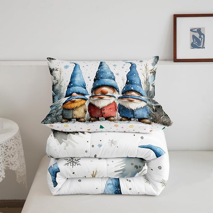 Manfei Cartoon Gnome Kids Comforter Set King Size,Christmas Winter Snowflake Retro Bedding Set,Boys Girls Room Decor,Jungle Pine Trees Rustic Down Comforter,Blue White Duvet Insert,2 Pillowcases