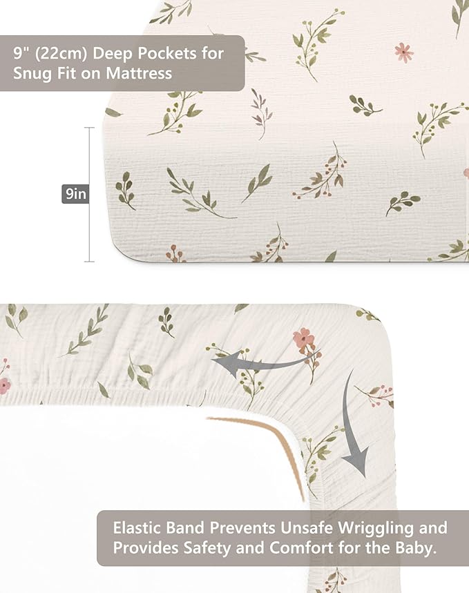Crib Sheets for Baby Boy Girl 2 Pack, Fitted Crib Mattress Sheet 28" x 52", Muslin Toddler Bedding with Neutral Style, Nursery Bedding Essentials (Petal Leaf & Pink)