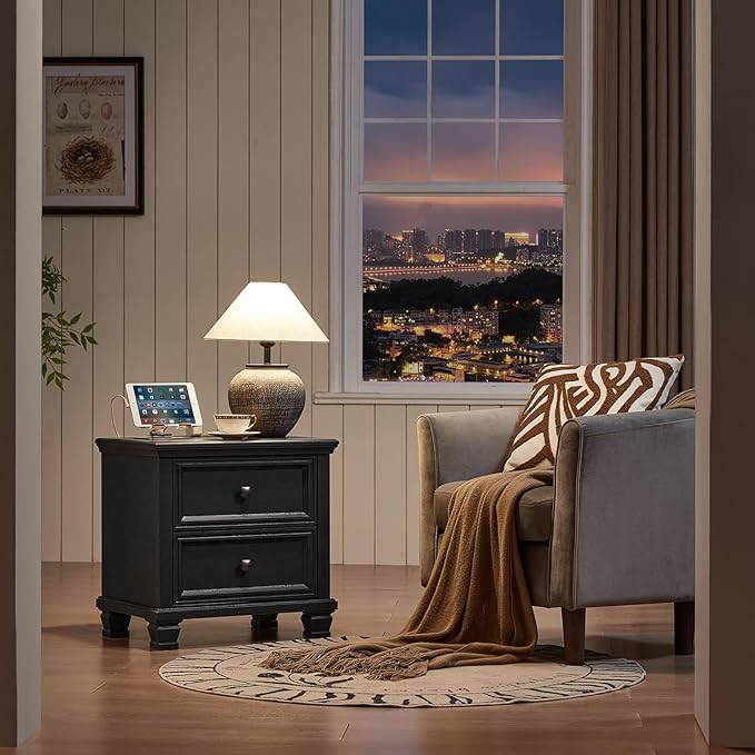 Farmhouse Bedroom Dresser and Nightstand Set of 4, 6 Drawer Low & 5 Drawers Dresser & 2 Drawer Nightstand Set, Rustic Wood Furniture Set for Bedroom, Hallway, Black