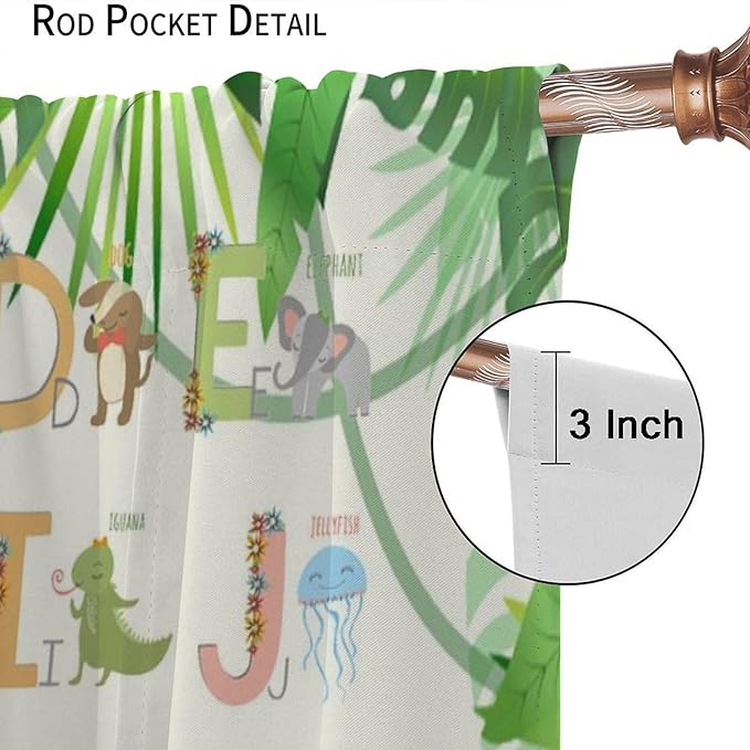 Kids Animal Alphabet Curtain Tropical Plant Alphabet Educational Printed Rod Pocket Blackout Window Drapes for Bedroom Living Room Nursery School 52" W X 84" L