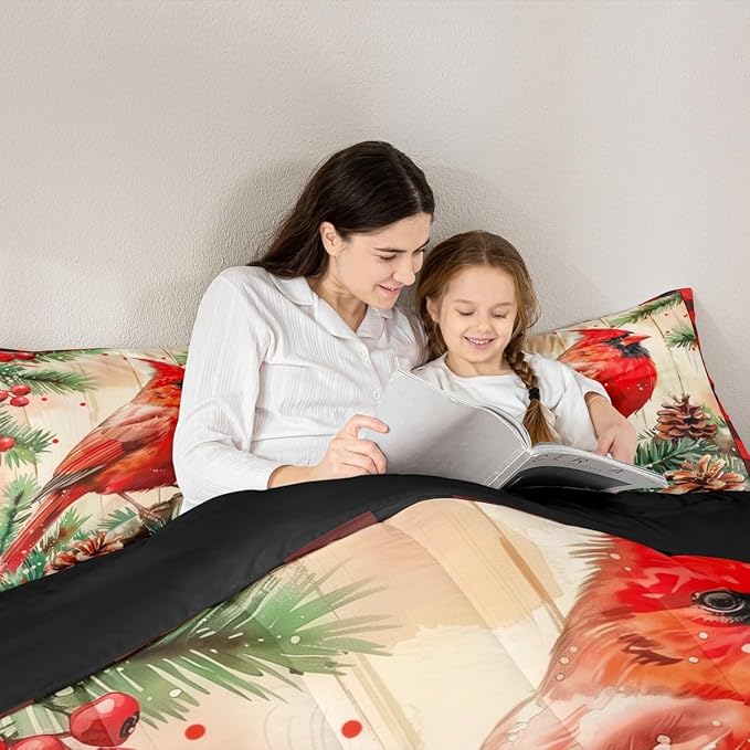 jejeloiu Kids Red Cardinal Comforter Set Toddler Christmas Red Black Plaid Bedding Set for Boys Girls Teens Xmas Birds Winter Rustic Wood Plank Animal Duvet Quilt Room Decor