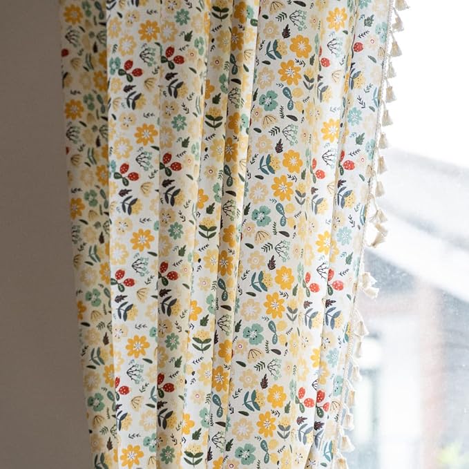 ENJOYBRIDAL Floral Curtains 96 Inch Length 2 Panels Tassel Boho Semi-Sheer Drapes Bedroom Living Room Farmhouse Rustic Country Yellow Green Flower Rod Pocket Cotton Linen Blend Window Curtain Panel