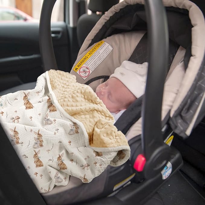 lulumoon Baby Blankets for Newborn Unisex: Thermal Minky Dotted Backing with Bunny Print - Muslin Receiving Blanket for Baby Essential & Registry Gift 30"x40"(Bunny)