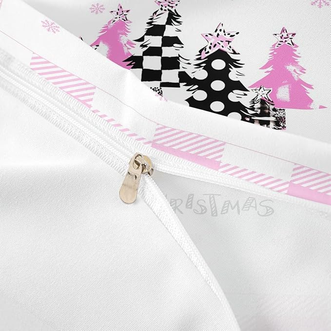 Manfei Xmas Trees Duvet Cover Set Twin Size, Pink Plaid Grid Snowflake Comforter Cover with 1 Pillowcase, Christmas Theme Bedding Set for Kids Girls Room Decor New Year Bedspread Cover, No Comforter