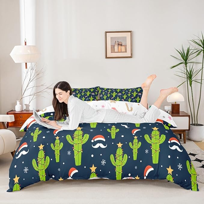 Feelyou Christmas Duvet Cover Boys Cartoon Cactus Xmas Theme Bedding Set for Kids Teens Ultra Soft Snowflake Comforter Cover Set New Year Bedspread Cover Room Decor Full Size Bedclothes Zipper