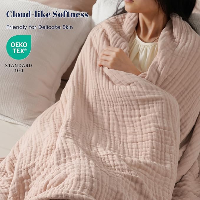 PHF Cooling Muslin Blanket Queen Size 90"x80", 6-Layer Lightweight Gauze Blanket Made from 35% Rayon Derived from Bamboo & 65% Cotton, Breathable & Ultra Soft Cozy, Aesthetic Home Decor, Cameo Rose
