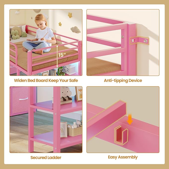 BTHFST Low Loft Bed Twin Size with 6 Storage Drawers, LED Lights, 2 Tier Storage Shelves, Kids Metal Loft Bed with 15" H Stairs & Safety Guardrail, Spave Saving, Pink