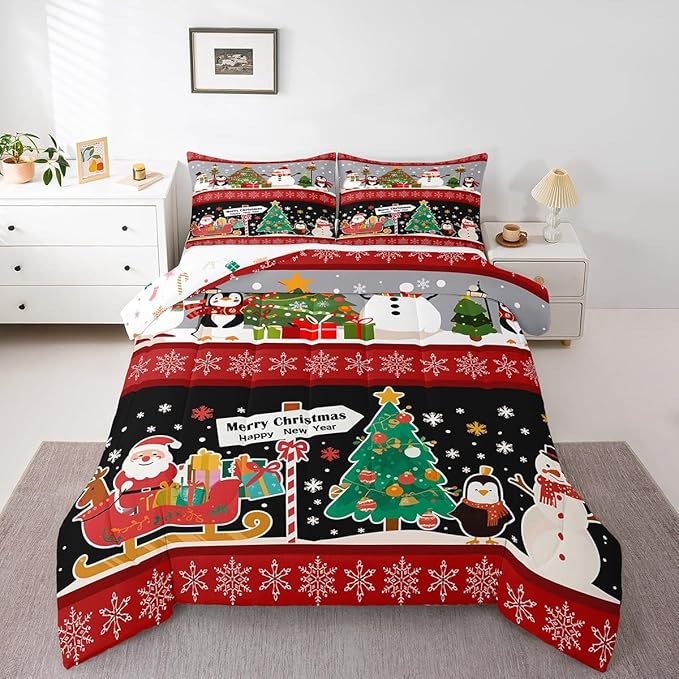 Erosebridal Christmas Tree Decor Quilts Cartoon Snowman Comforter Set for Teens Kids Boys Xmas Deer Elk Santa Claus Bedding Set for New Year Snowflake Red and Black Duvet Insert Queen Size
