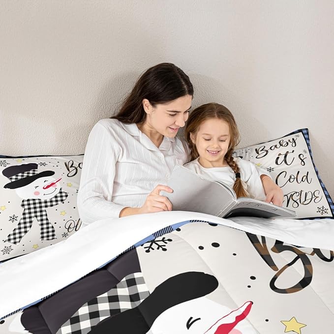 Christmas Snowman Kids Comforter Set Queen Size,Snowflake Christmas Holiday Bedding Set,Girls Boys Adults Xmas Decor,Geometric Grids Lattices Down Comforter,Blue Rustic Duvet Insert,2 Pillowcases