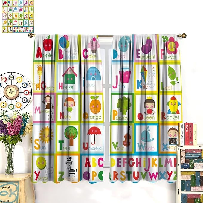Kids Alphabet Curtains Cute Cartoon Education Learning Funny Teaching Words Curtain with Rod Pocket for Bedroom Nursery Home Decor Drapes Window Treatments 2 Panels Set 63" W X 72" L