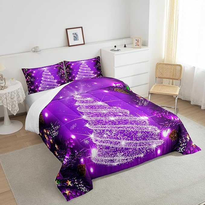 Feelyou Kids Merry Christmas Decorations Comforter Set, Kids Santa Tree Bedding Set Full Size for Boys Girls Teens Xmas Christmas Bell Decor Comforter Glitter Purple Quilt Set