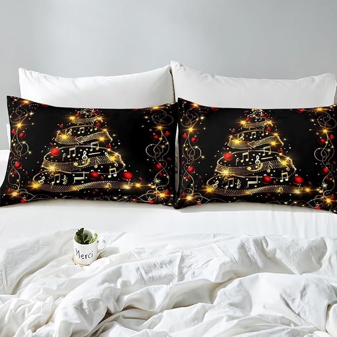 Christmas Tree Duvet Cover Set King Size, Gold Musical Note Print Bedding Set 3pcs for Kids Boys Girls Bedroom Decor, New Year Theme Xmas Holidays Comforter Cover with 2 Pillowcases,No Comforter