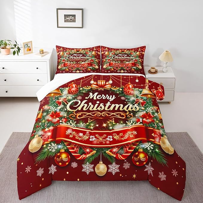 Merry Christmas Comforter Set - Queen Size, Kids Bedding Set with Snowflake & Wreath Pattern, Red Xmas Ball Glitter Duvet Insert (3Pcs), Quilt Set with 2 Pillowcases