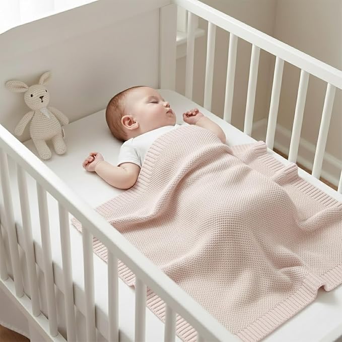 Baby Knit Blanket Soft Cotton Lightweight Newborn Blanket for Crib Stroller Toddler Nursery Shower Gift Cozy Breathable Travel Swaddle Wrap Pink 30 x 40 Inches