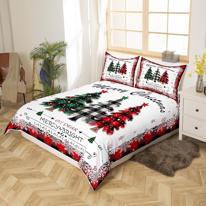 Manfei Xmas Tree Duvet Cover Set Queen Size, Merry Christmas Comforter Cover with 2 Pillowcases, New Year Theme Plaid Print Bedding Set 3pcs for Kids Boys Girls Bedroom Decor,No Comforter