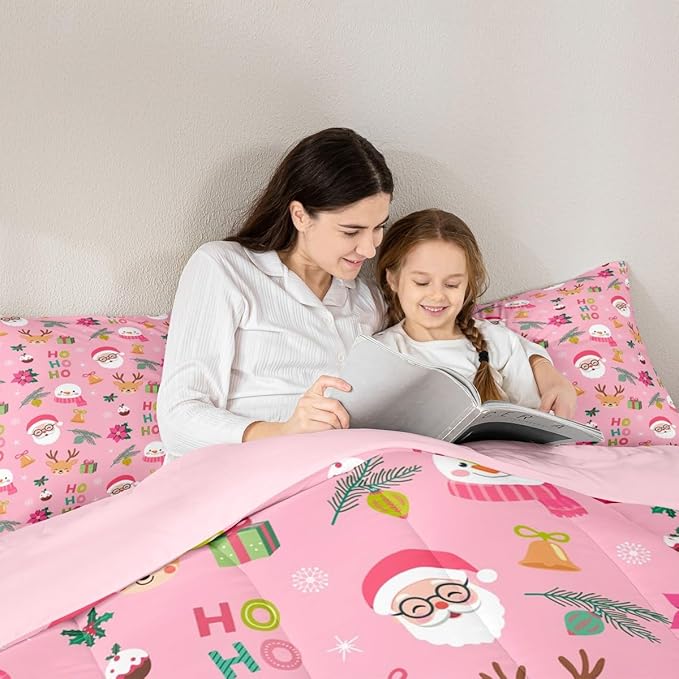 Feelyou Santa Claus Comforter Set Twin Size Xmas Bedding Set for Kids Boys Girls Christmas Decor Duvet Quilt Happy New Year Bedroom Decor Microfiber 2 Pcs with 1 Pillow Cases