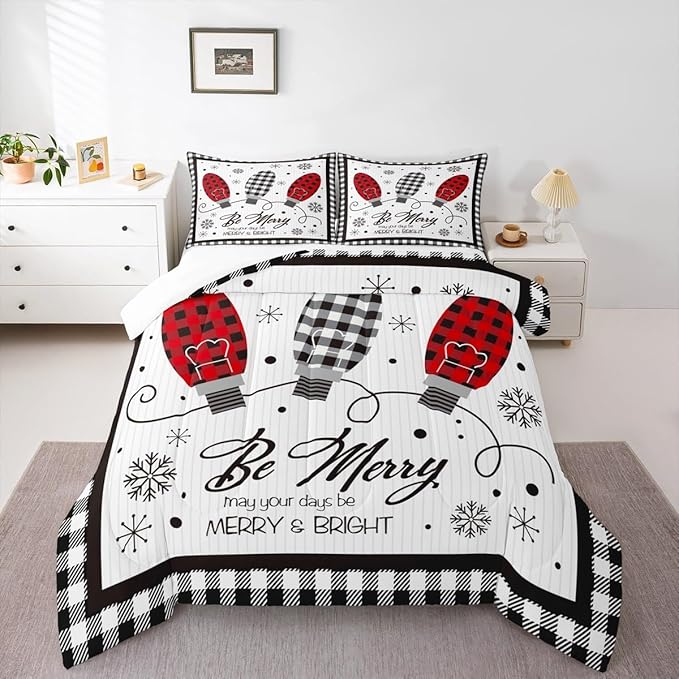 Merry Christmas Kids Comforter Set King Size,Geometric Grids Stylish Bedding,Girls Boys Adults Bedroom/Xmas Cabin Decor,Snowflake Bells Down Comforter,Rustic Farmhouse Duvet Insert,2 Pillowcases