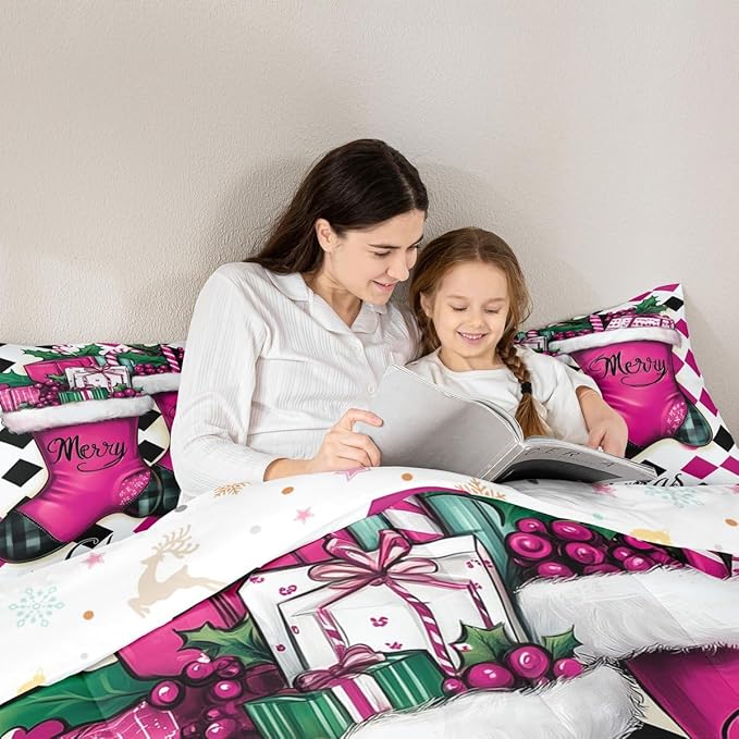 Feelyou Merry Christmas Comforter Set All Season Cartoon Shoes Bedding Set with 1 Pillow Cases Microfiber Kids Twin Bedclothes Winter Bedroom Decor Duvet Quilt Breathable Soft