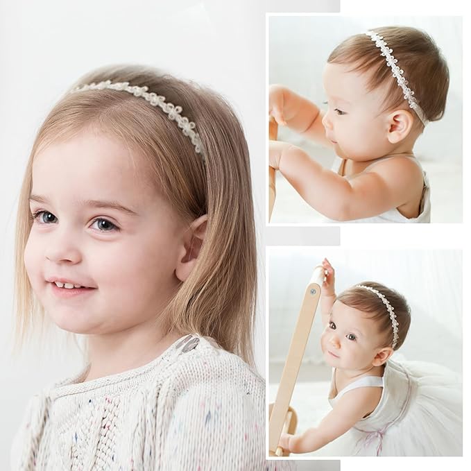 Elegant White Flower Christening Headbands for Baby Girl, Elastic Soft Lace with Cute Tulle Pearl Hair Strap, Stretchy Baptism Halo for Pure Newborns Infants Toddlers (Over 6 Months) (2 Pack 18-20in)