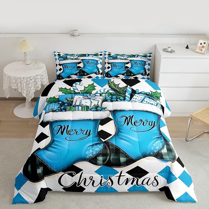 Feelyou Merry Christmas Kids Comforter Set King Size Cartoon Shoes Bedding Set Duvet Quilt for Kids Boys Girls Bedroom Winter Decor Microfiber Ultra Soft Breathable