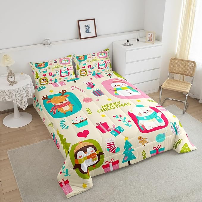 Erosebridal Merry Xmas Comforter Set King Size Christmas Tree Quilt for Kids Boys Girls Cartoon Penguin Bear Bedding Set Cute Deer Elk Duvet Insert with 2 Pillow Cases