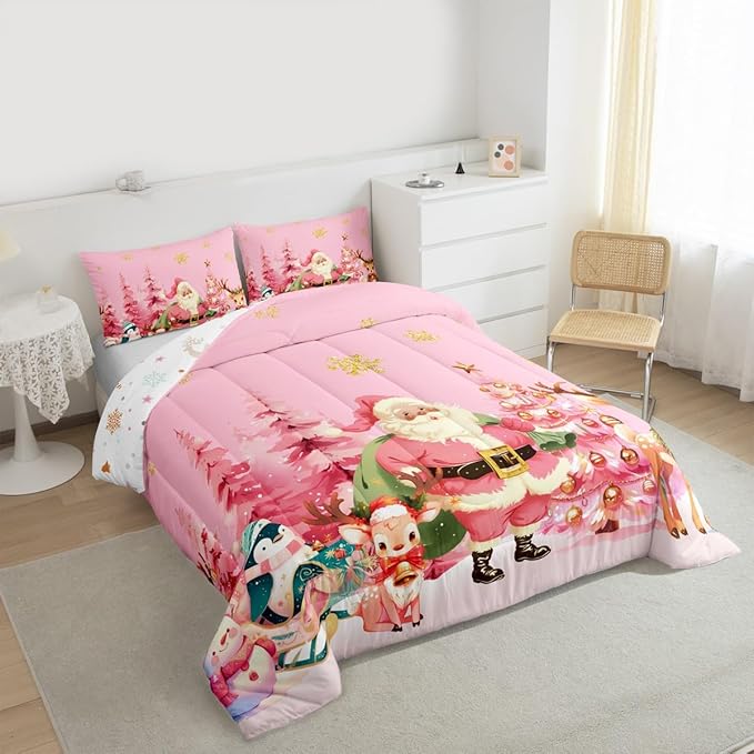 jejeloiu Merry Christmas Comforter Set Queen Size Santa Claus Bedding Set for Kids Boys Girls Cute Deer Duvet Quilt Pink Bedroom Decor