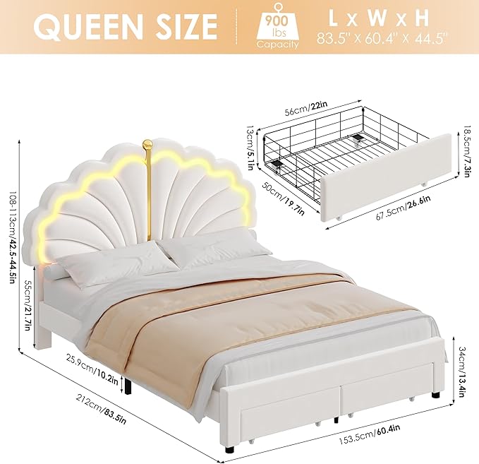 Keyluv Queen Princess Bed Frame with Storage Drawers, Soft Velvet Upholstered LED Platform Bed with Adjustable Modern Shell Headboard, No Box Spring Needed, Noise-Free, Beige